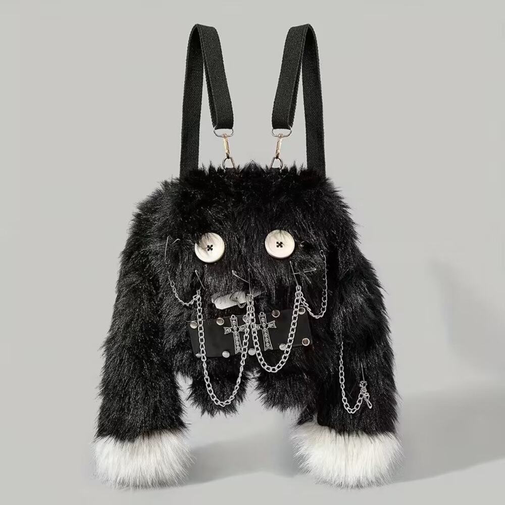 Goth Emo Punk Alt Black Fuzzy Rabbit Mini Backpack Crossbody Convertible Purse